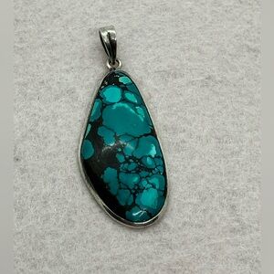 925 Sterling Silver Blue Spiderweb Turquoise Pendant Large Statement Piece